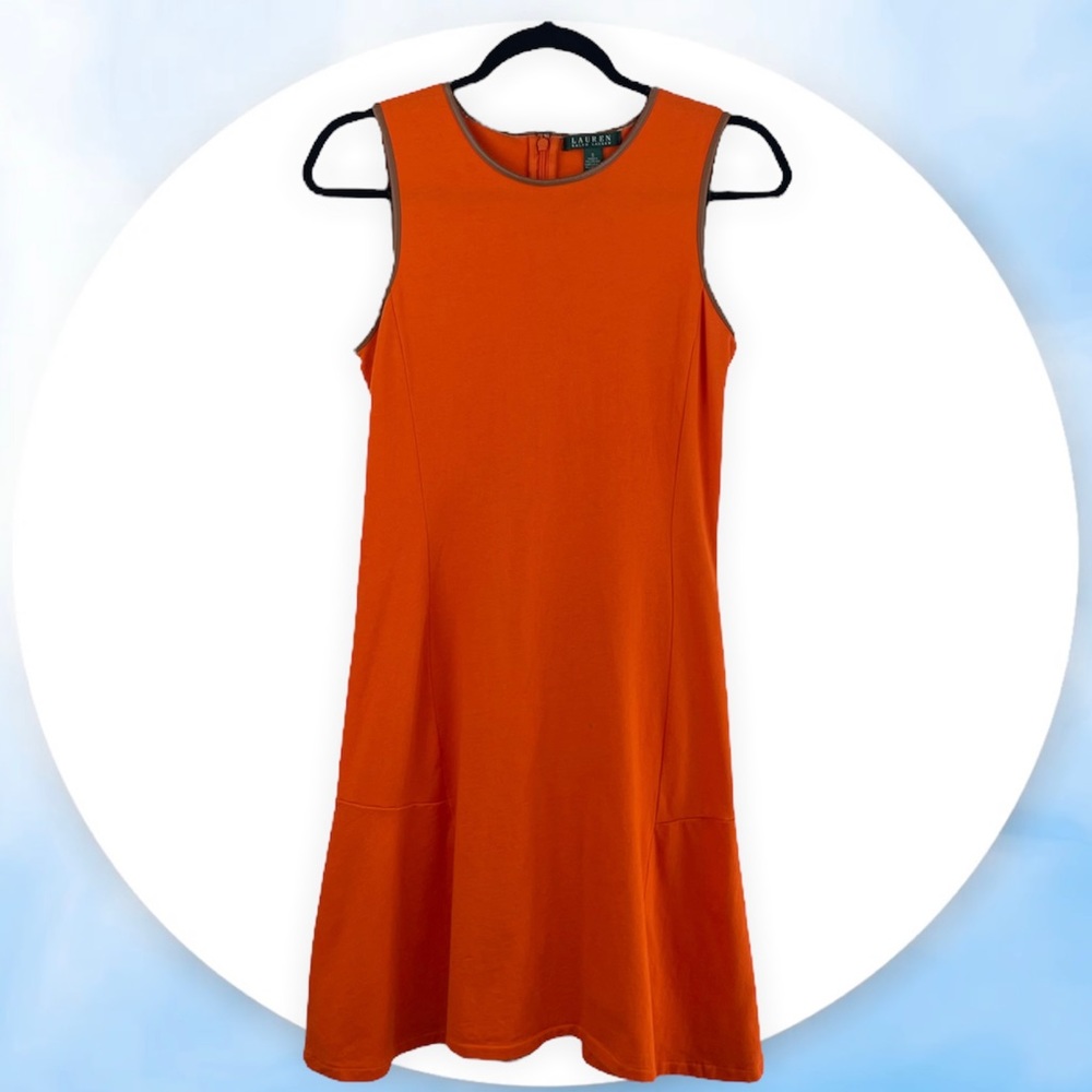 Lauren Ralph Lauren Orange Dress Brown Vegan Leather Trim Sleeveless Small